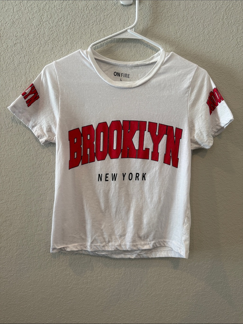 On Fire White Short Sleeve Tee with Red BROOKLYN Graphic
